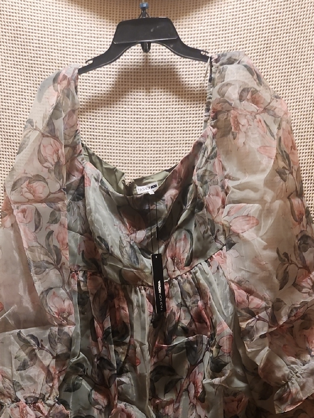 Fashion Nova Sheer Floral Sage Green and Pink Ruffle Dress